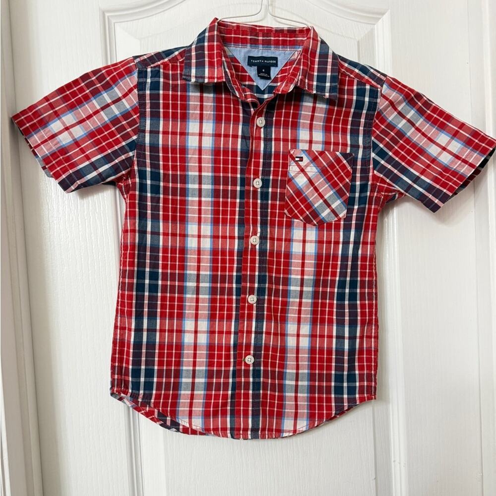 Tommy Hilfiger Boys' Red White and Blue Plaid Short Sleeve Button-Up Shirt Size6